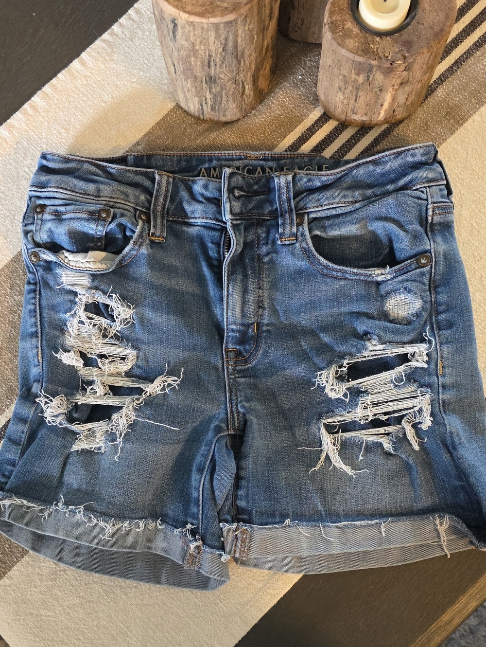 American Eagle Outfitters Blue Distressed Frayed Hem Jean Shorts